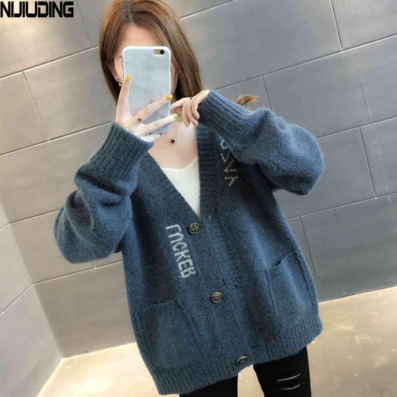 Knitted Cardigan Letter Jacquard Female Sweet Small Fresh Top V-neck Autumn Loose Korean Student Sweater Coat 210514