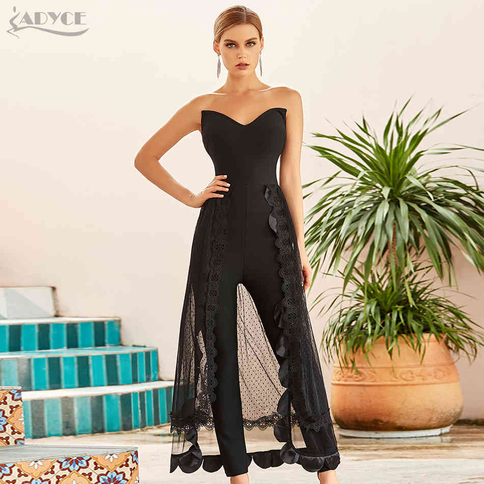 Bandage Jumpsuits For Women Black Bodycon Club Sexy Stapless Lace Bodysuit Romper Long Pants 210423
