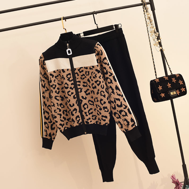 Women Leopard Print Zipper Long-sleeved Cardigans + casual Pants 2pcs Knitting Tracksuits Stretchy Sporty Jumper Trousers Suit 210518