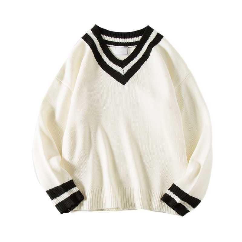 Men Fashion Pullover In Warm Cashmere Knitting Long Sleeve Knit V-neck Loose Coats Casual Black/White Woolen Sweater M-2XL 210818