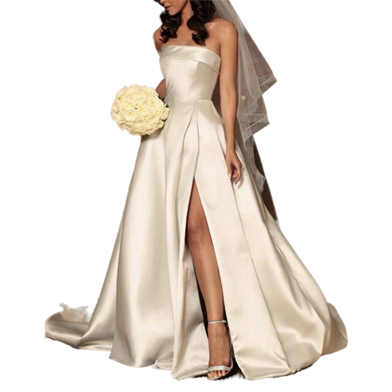 Simple Strapless Ivory Satin Wedding Dress 2022 A Line Side Split Bridal Dresses Sleeveless Garden Wedding Gowns Court Train Custom Made Robe de Maria