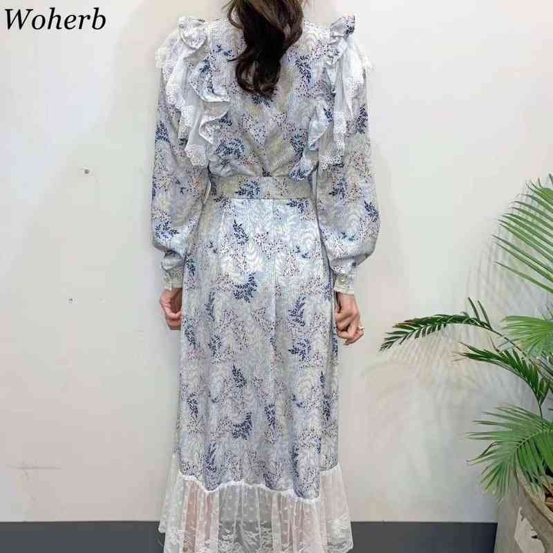 Vestidos Women Korean Sweet Temperament Ruffle Tie Dress Fashion Elegant Floral Slim Thin Lace Patchwork Fishtail Dresses 210519