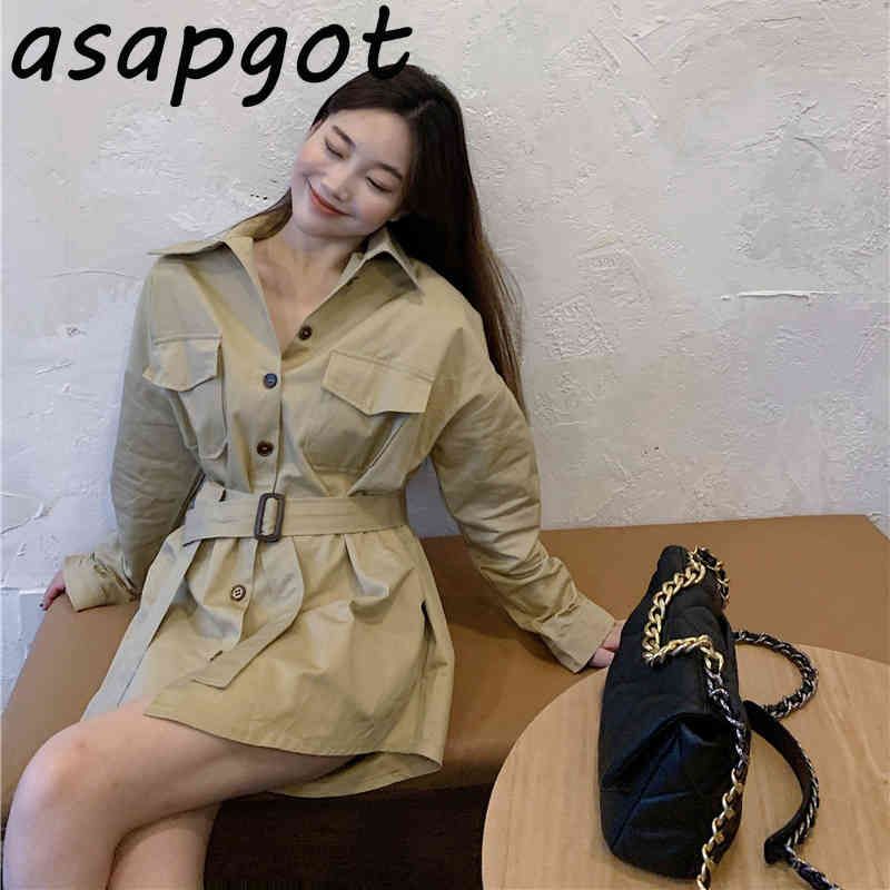 Retro Korean Chic Loose Full Sleeve Turn Down Collar Single Breasted Khaki Blouse Women with Belt Blusas Mujer Thin Jacket 210429