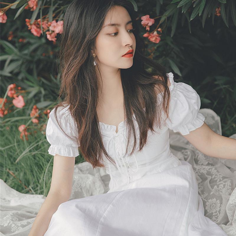 Elegant Fairy Dress Women White French Puff Sleeve Chiffon Dress Korean Japan Style Sweet Vintage Retro Summer Dress 210325