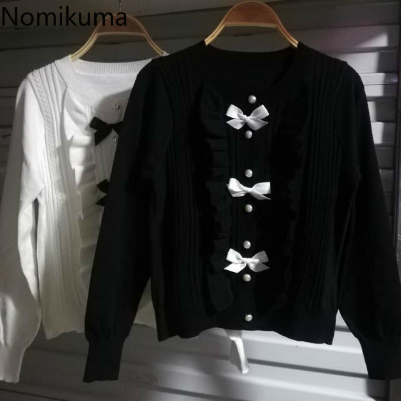 Nomikuma Korean Short Women Knitwear Coat Sweet Bowknot Knitted Cardigan Autumn Winter New Long Sleeve Sweater Jacket 6D108 210427
