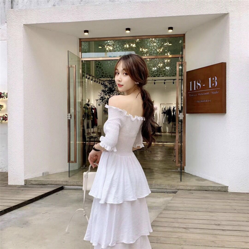 Vintage Off The Shoulder Dress White Korean Style Long Chiffon Elegant Womens es Casual Summer 210428