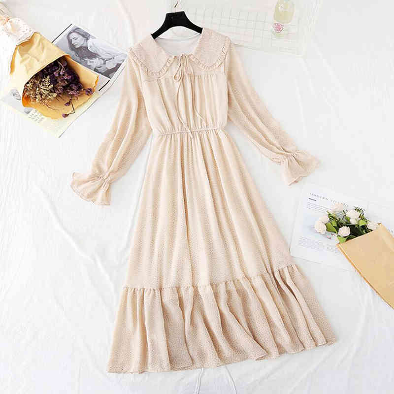 Sweet Polka Dot Printed Chiffon Dress Women Vintage A-line Flare Sleeve Doll Collar Ruffled Dresses Spring Summer Dress 210521