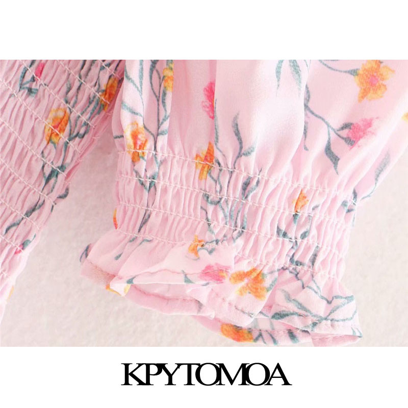 Women Chic Fashion Floral Print Ruffles Mini Dress Puff Sleeves Smocked Female Shirts Blusas Tops 210420