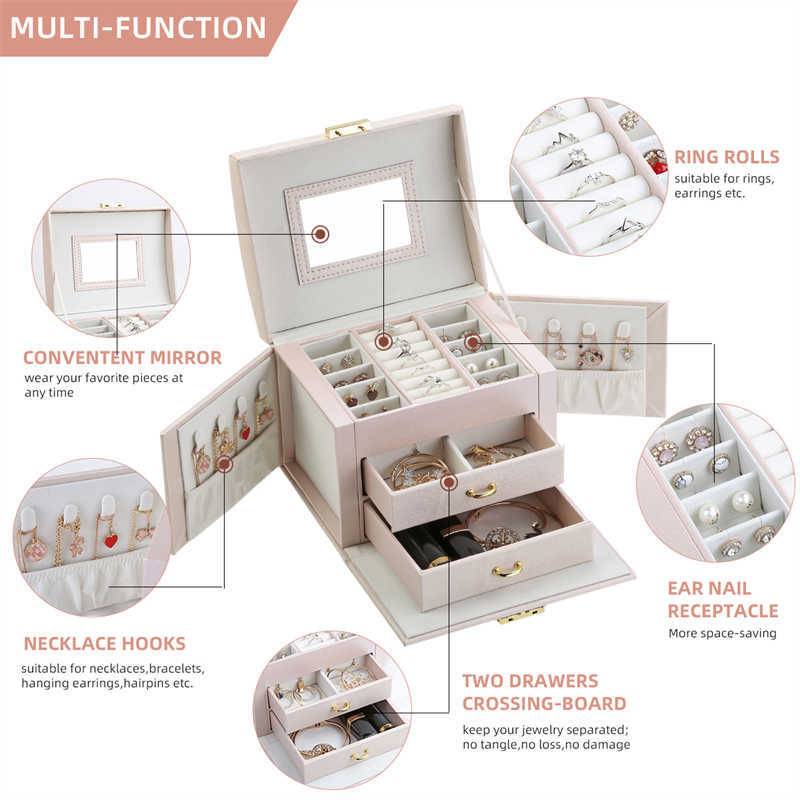 Casegrace Large Jewelry Box Organizer Girls PU Leather Drawer Jewellery Boxes Earrings Ring Necklace Jewelry Storage Case Casket 211012