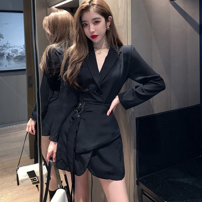 Temperament Blazer Dress Women Mini Party Office Lady Elegant Female Korean Sashes Long Sleeve Clothes 210519