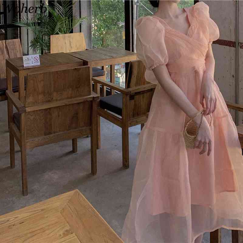 Women Dress Chic Elegant Robe Summer Temperament Gentle Puff Short Sleeve Vestidos Sweet Gauze Korean Slim Dresses 210519