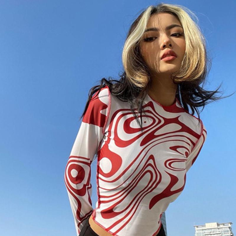 Women's T-Shirt Crop Top For Women Outing Wear Y2k Female Clothing Kawaii Long-Sleeved Irregular Swirl Print Slim Round Neck High Street