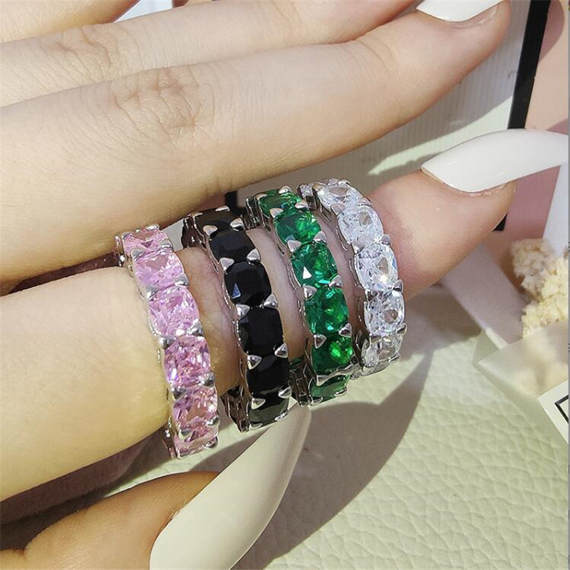 2022 Ins Top Sell Wedding Rings Simple Fashion Jewelry 925 Sterling Silver Cushion Shape Multi Color 5A Cubic Zircon CZ Diamond Promise Women Eternity