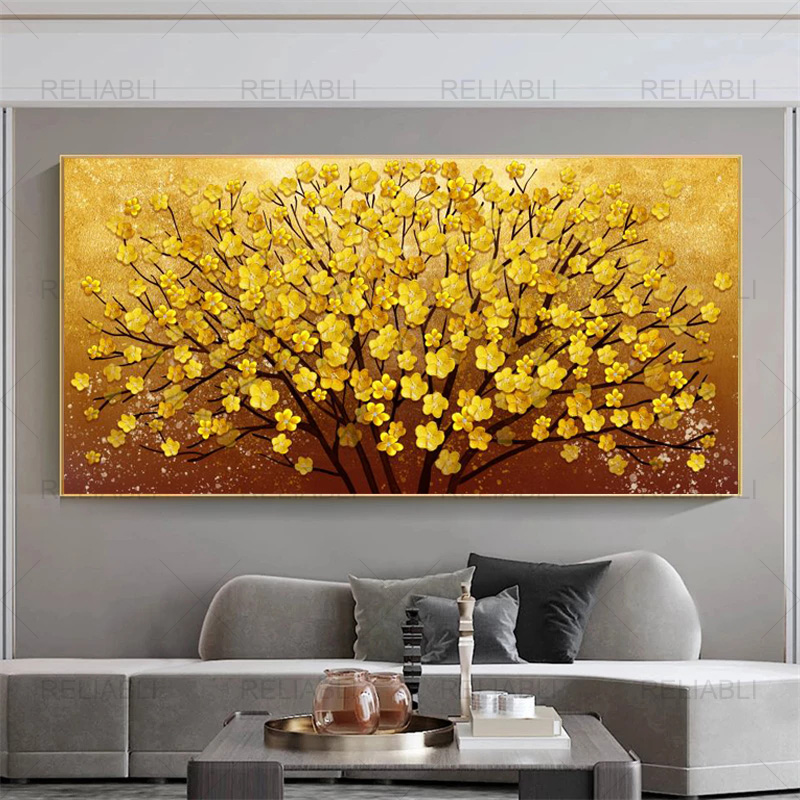 Modern Oil Painting Printed on Canvas Golden Yellow Rich Tree Flower Plant Posters and Prints Wall Picture for Living Room Decor
