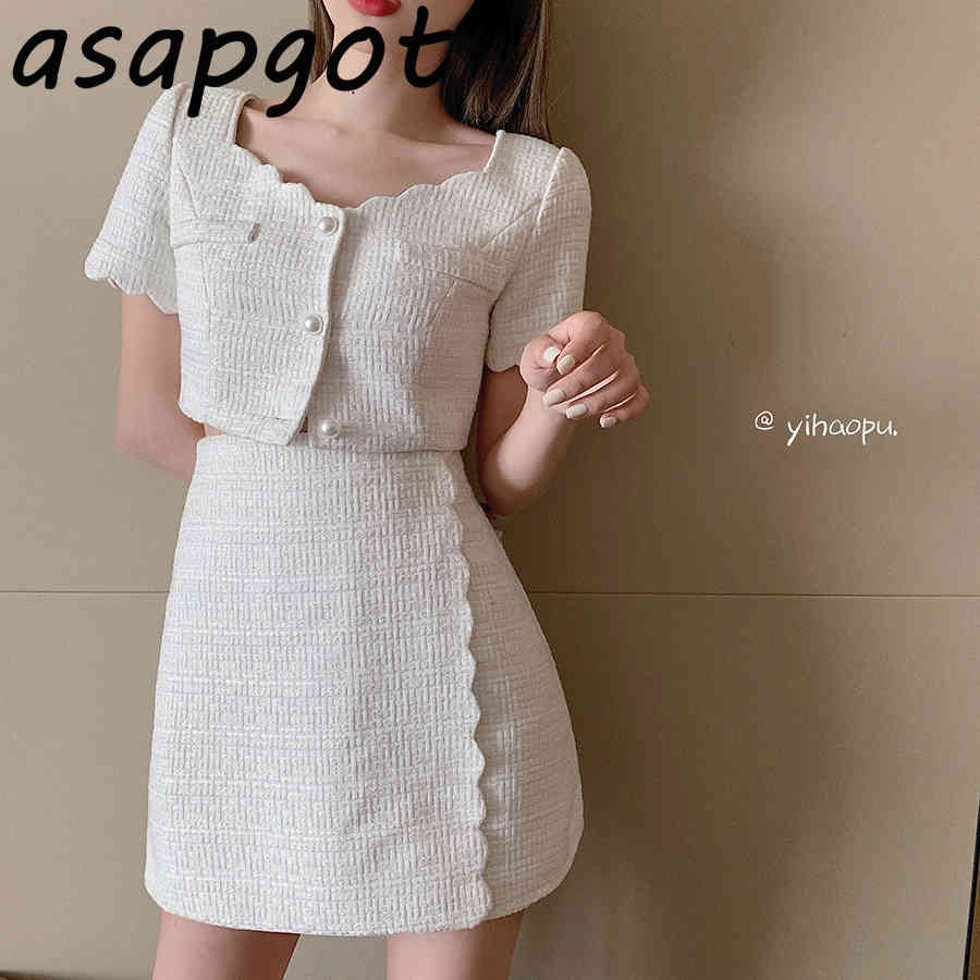 Temperament Single-breasted Square Neck Short Sleeve Jacket Women Wild Summer Sets High Waist Skirt Fashion Korean Casual 210429
