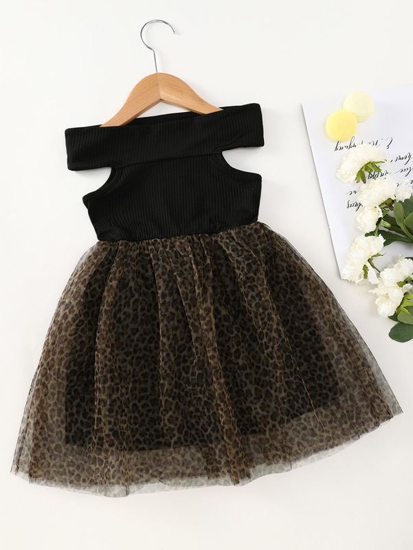Toddler Girls Off Shoulder Leopard Mesh Hem Dress SHE