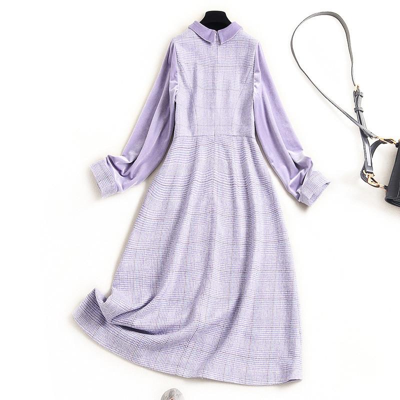 Europe Fashion Autumn Winter Clothes Women Designers Long Sleeve Turn Down Collar Velvet Patchwork Casual Aline Dress XXL Size Dresses