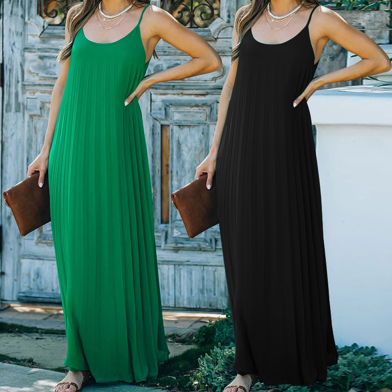 Women Dress Sleeveless Spaghetti Strap Summer Dresses Plus Size Green Black Long Bohemian For 210524