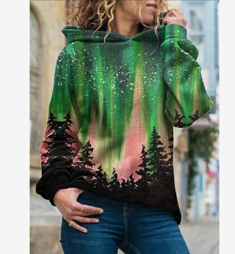Women's Hoodies Sweatshirts European and American autumn winter long-sleeved hooded Christmas tree print street hipster sweater women