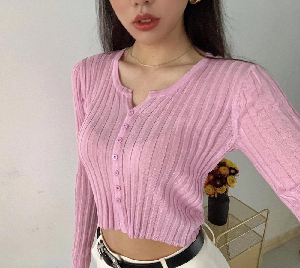 CHIC French Knitting Stripe Line Through Crop Knit Cardigan Sweater Retro Woman Small V neck Split Long Sleeve Jumper Knitwear 210429