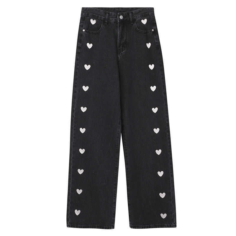 Women's jeans spring and autumn Korean love embroidery casual straight trousers high waist slim women loose B018 210922