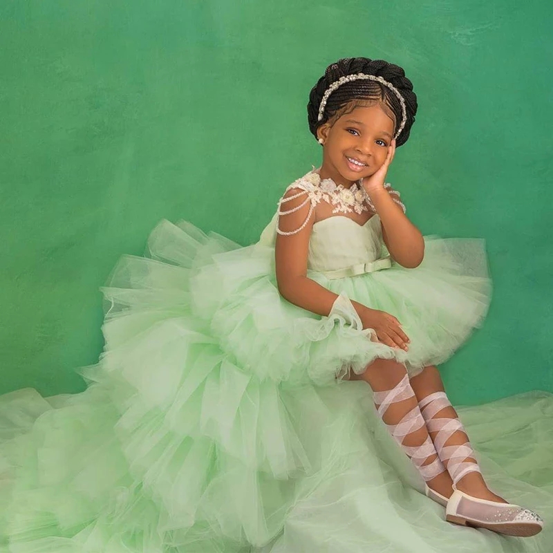 Green Front Short Back Long Little Dresses For Wedding O Neck Lace Appliques Beading Layered Skirt Kids Dress 0431