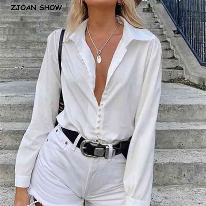 Retro Pearl Button Lapel Shirt French White color Single-breasted Long sleeve Women Blouse Casual Tops 210429