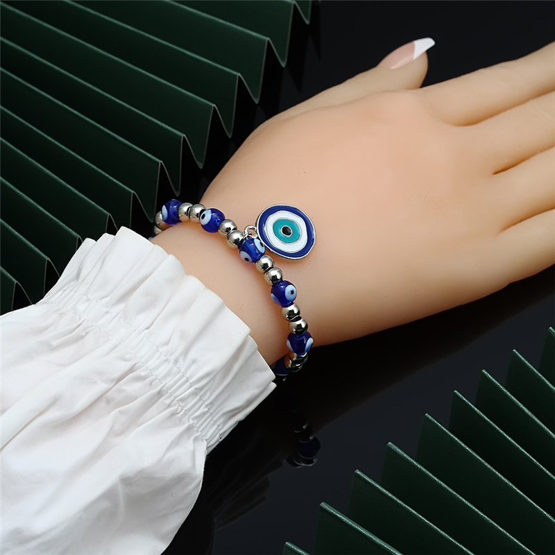 Blue Evil Eyes Beaded Strands Charm Bracelets Fashion Stretch Silver Bead Bracelet Bangles Lucky Turkish Pendant Jewelry Accessories for Women Men Gif