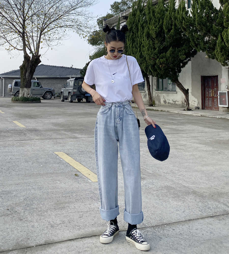 Chic Women Jeans For Straight Loose Boyfriend Autumn High Waist Casual Jean Female Denim Wide Leg Pants WJ125 210922