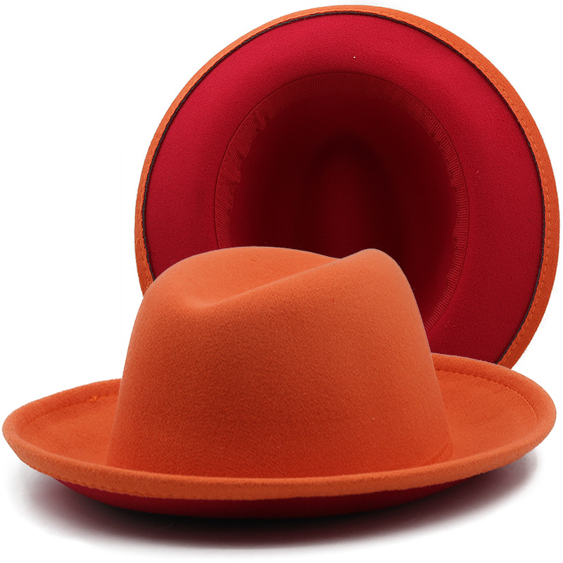 New Autumn Winter Women Men White and Red Patchwork Wool Felt Fedora Hats Roll Brim Party Wedding Formal Hat Vintage Cap