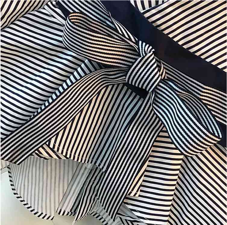 Spring Summer Striped Bow Lantern Sleeve Blouse Women's Pants Set + Black Split Flare Two Pieces 210519