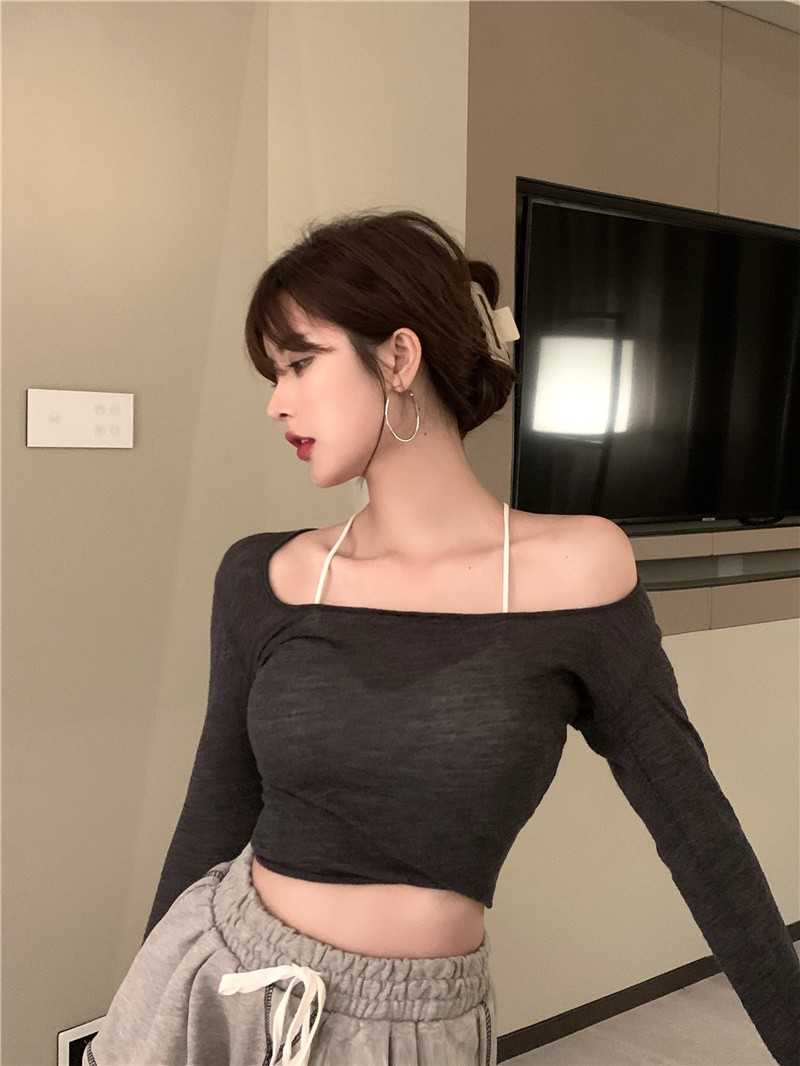 Yedinas Summer Long Sleeve Cropped Tops Thin Sun Protection Shirt Wide Collar See Through Mesh T-shirts Women Slim Sexy T 210527
