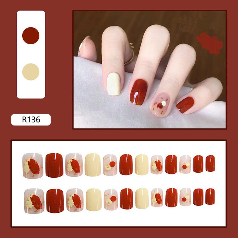 False Nails 24 Pcs Amber Marble Small Floral Design Fake Autumn Flowers Press On Nail Tips Art Tools For Manicure Makeups
