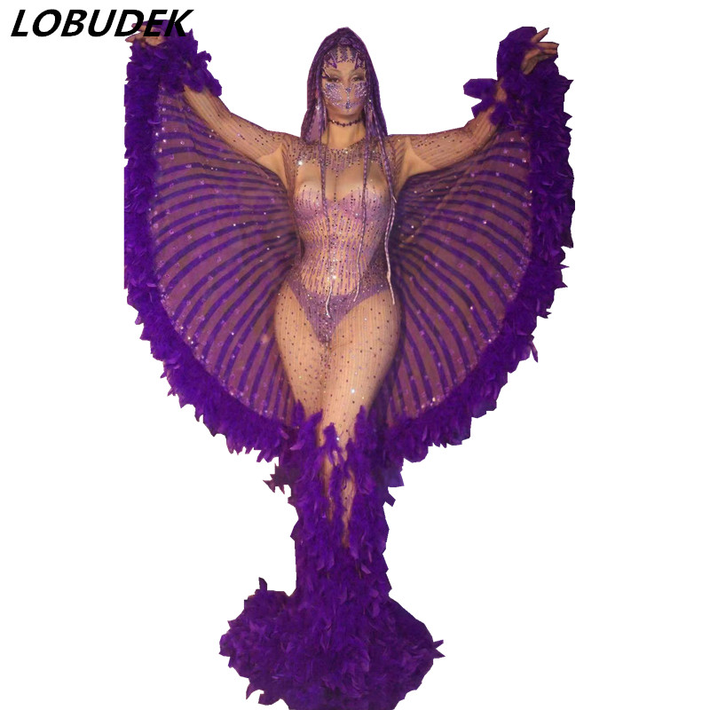 Fashion Transparent Mesh Purple Feather Rhinestones Tailing Long Dress Cloak Outfit Women Birthday Prom Evening Party Singer Models Catwalk Sexy Costume
Fashion Transparent Mesh Purple Feather Rhinestones Tailing Long Dress Cloak Outfit Women Birthday Prom Evening Party Singer Models Catwalk Sexy Costume