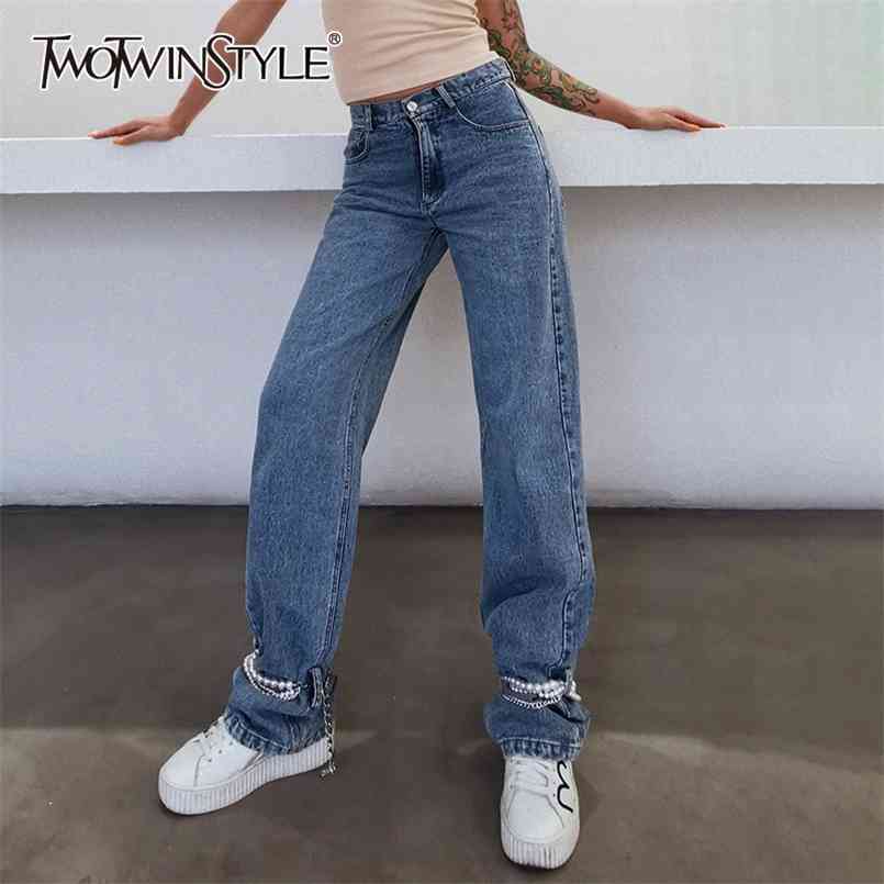 Casual Patchwork Pearl Chain Denim Trousers For Women High Waist Straight Pants Female Spring Fashion Clothing 210521, Blue
Casual Patchwork Pearl Chain Denim Trousers For Women High Waist Straight Pants Female Spring Fashion Clothing 210521, Blue