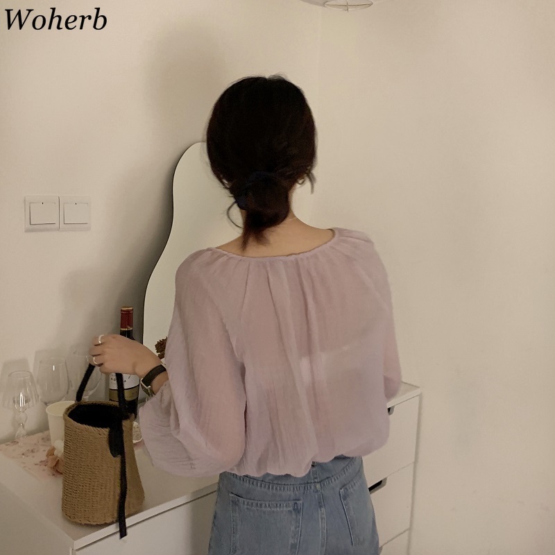 Women Blouses Holiday Sunscreen Shirts Summer Lantern Sleeve Blusas Female Korean Folds See Through Elegant Tops 210519