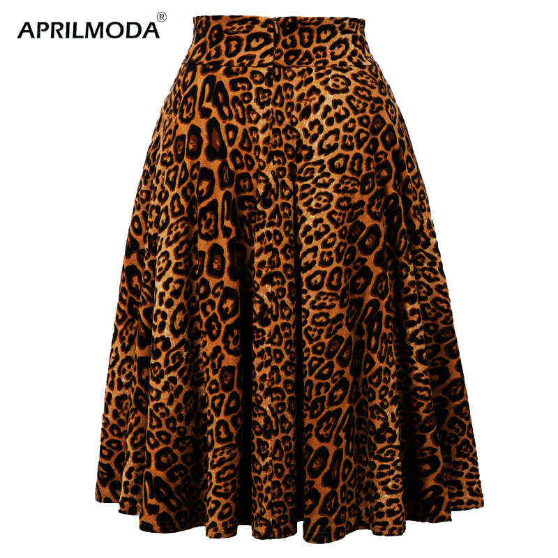 Winter Print High Waist Leopard Skirt Pleated Women Flared Runway Midi Skater 50s Cotton Swing Rockabilly Party Skirts Gothic 211119