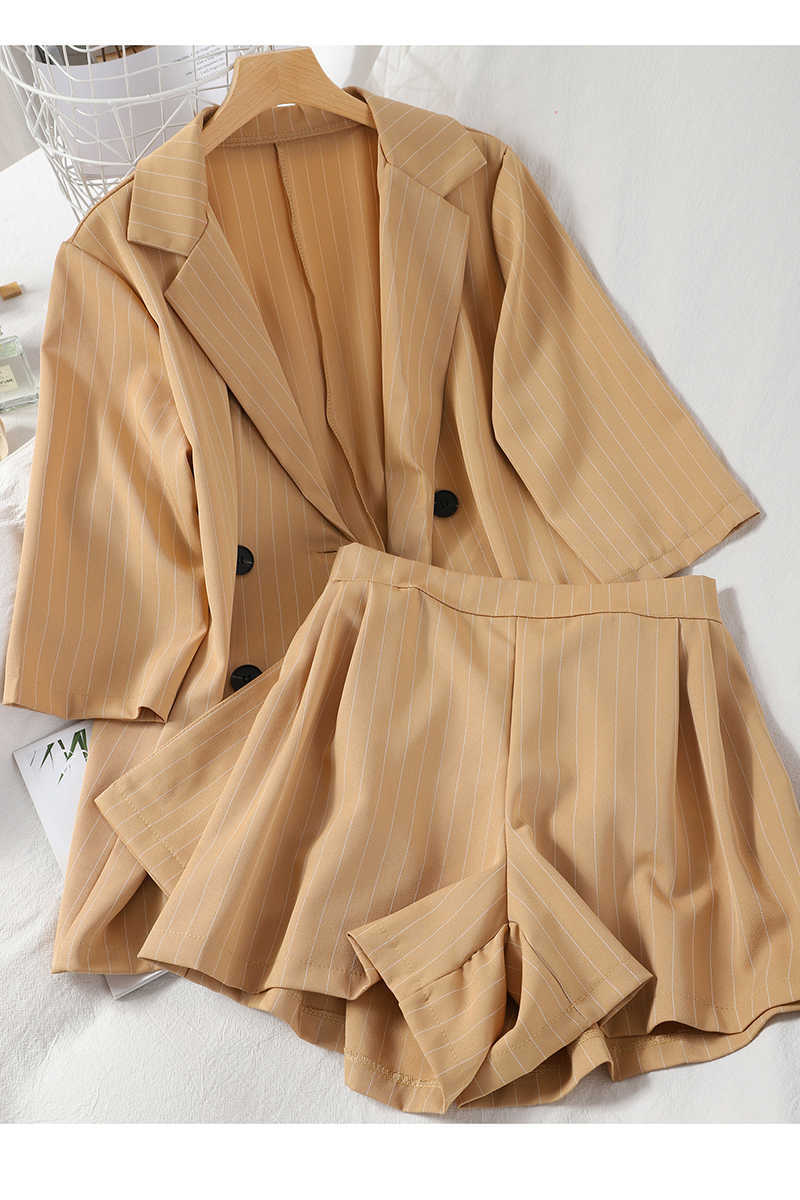 DEAT Summer Fashion Temperament Double Coat Top + Elastic High Waist Wide Leg Shorts Striped 2-piece Women's Suit SK057 210709