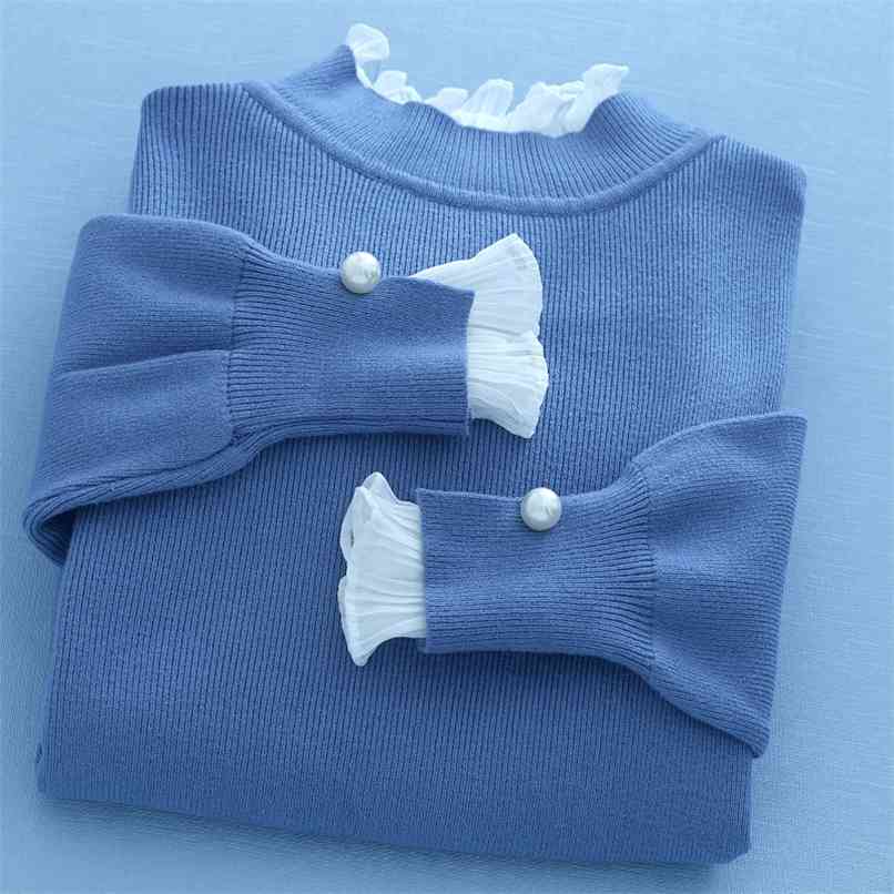 Women Turtleneck Sweater Autumn Winter Long Sleeve Sweet Patchwork Chiffon Pullovers Ladies Knitted Cashmere Jumper 210918