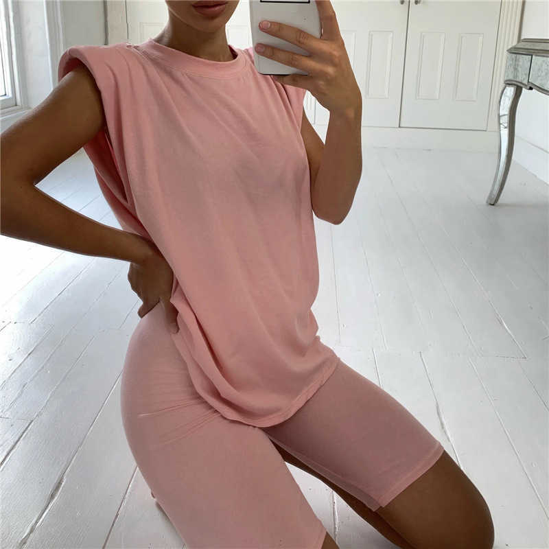 Summer Shoulder Pad T-shirts O Neck Sets Khaki Sleeveless Two Piece Set Crop Top and Shorts Drawstring 2 Piece Women Set Outfits 210709