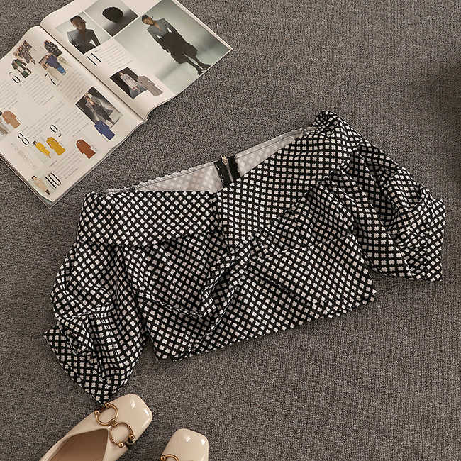 DEAT Women Plaid Slash Neck Puff Sleeve Asymmetrical Shorts Arrivals Two Piece Set Fashion Spring Summer 11D793 210709