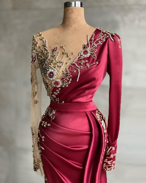 Fantastic Embroidery Beads Appliqued Mermaid Evening Dresses Vintage Dark Red Sheer Long Sleeve Pleats Prom Party Gowns Vestidos BC5321