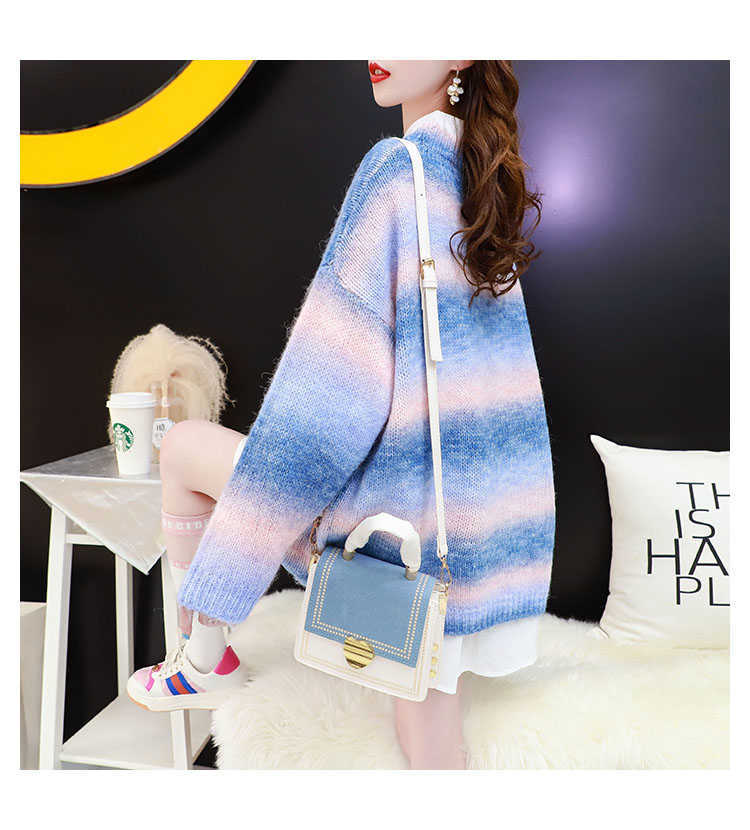 H.SA Autumn Winter Women Rainbow Sweater and Pullovers Oneck Long Loose Style Striped Korean Jumpers Candy Color Oversized Pull 210716