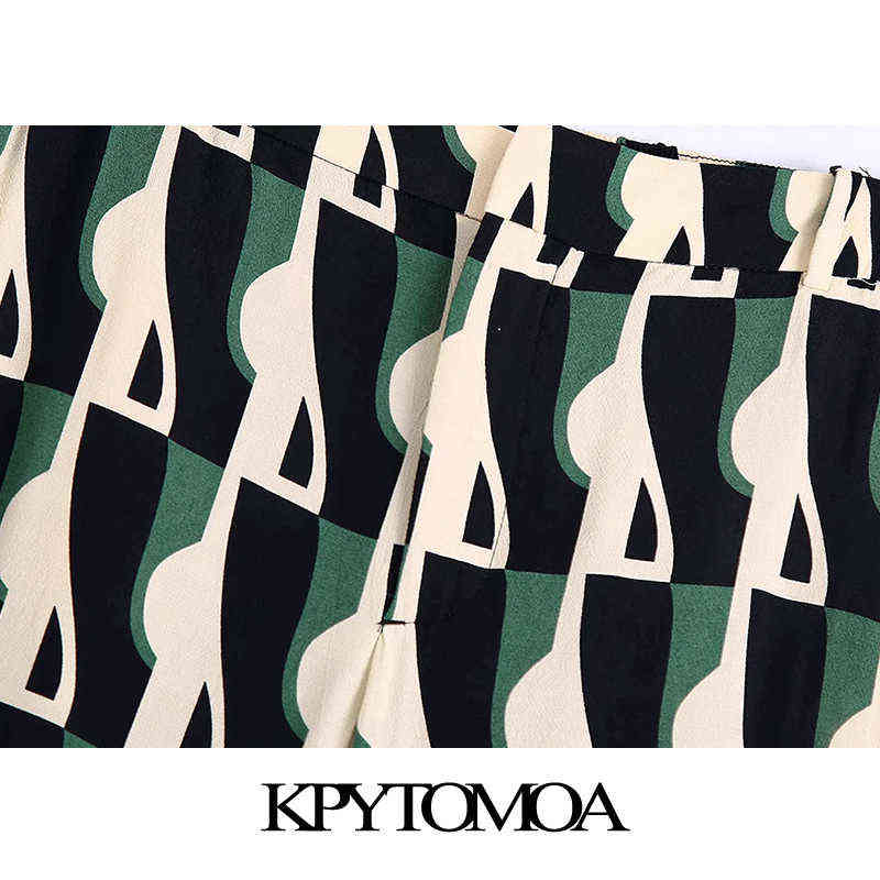 KPYTOMOA Women Fashion Side Pockets Printed Flared Pants Vintage High Elastic Waist Zipper Fly Female Trousers Mujer 211115
