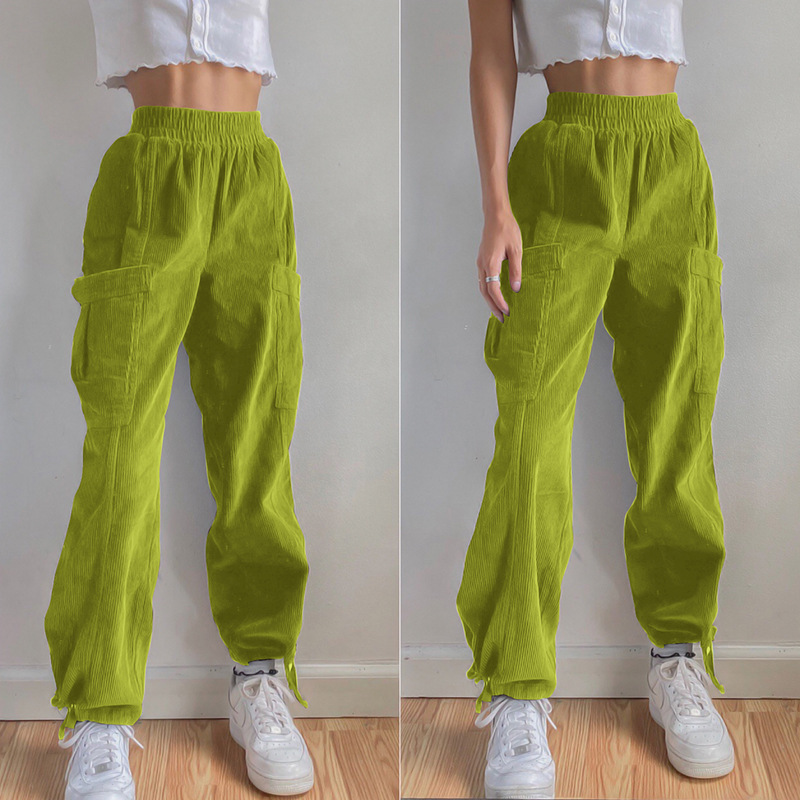 Corduroy Pants Womne's Spring Elastic High Waist Pocket Tie Foot Loose Female Solid Color Trousers 5A1048 210427