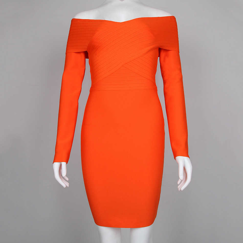 Summer Ladies Orange Bandage Dress Sexy V-neck Long Sleeve Bodycon Club Mini Celebrity Party 210525