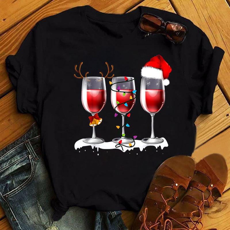 Women's T-Shirt ZOGANKIN Funny Christmas Wine Glasses Tops Girls Fashion T-shirts Unisex Casual Short Sleeve Black