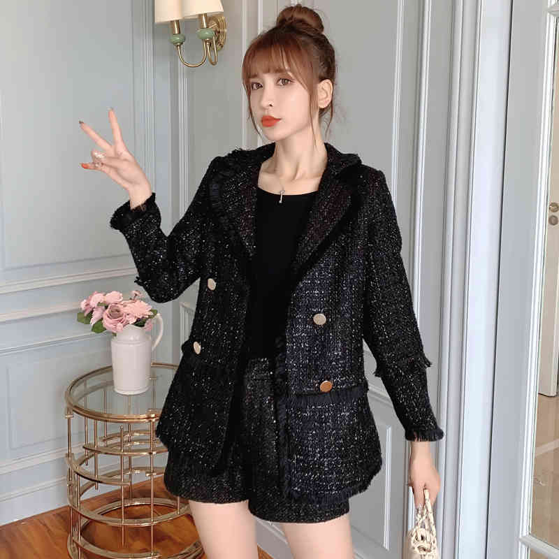 Autumn winter Fashion Womens Jackets Coats Vintage Office OL black Tassel Tweed Jacket Crop Coat Female 210519