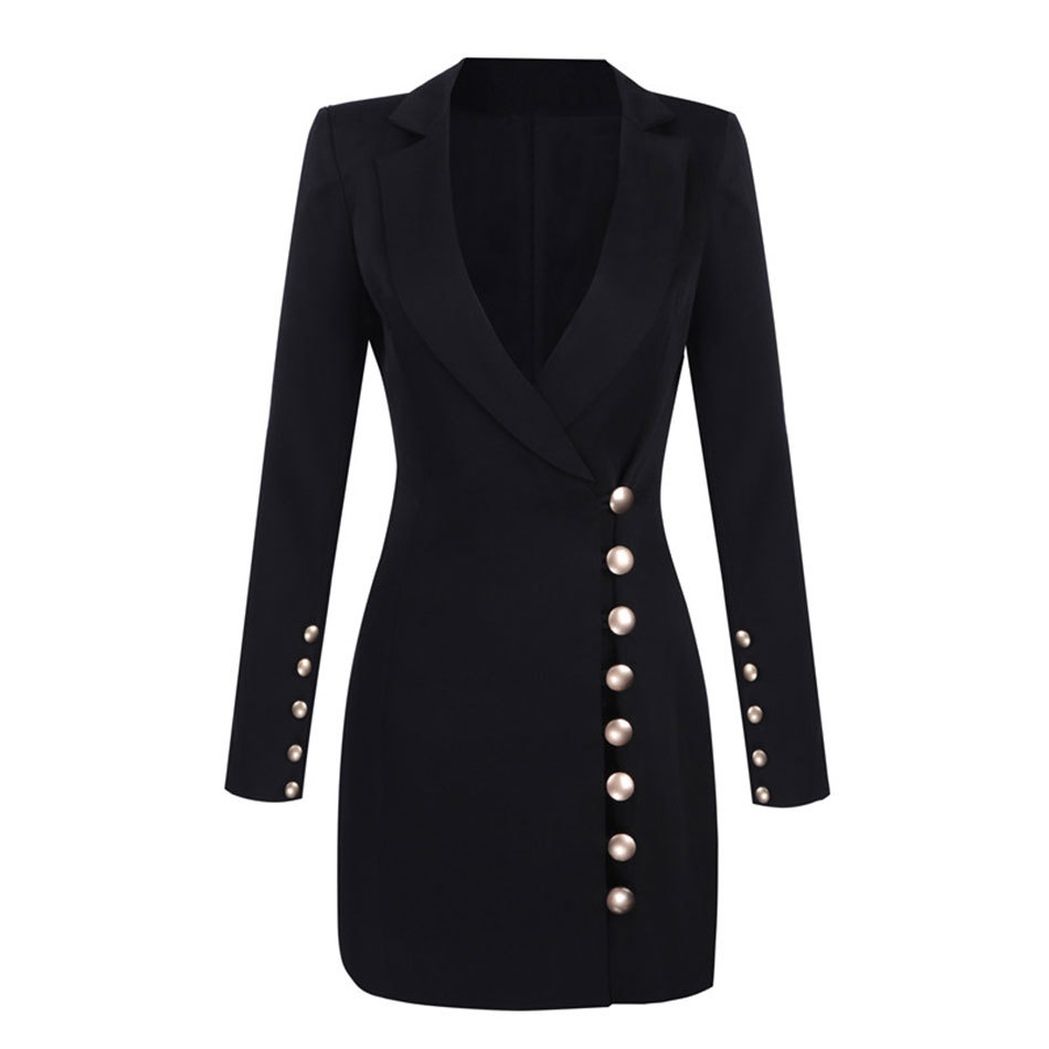 Free Autumn Women's Suit Mini Dress Sexy Deep V Lapel Long Sleeve Single Breasted Elegant Bodycon Party 210524
