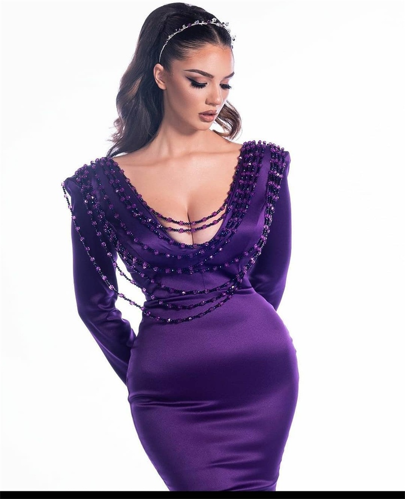 Royal Purple Evening Dresses Glitter Beading Ruched Satin Mermaid Pregnant Prom Dress Long Sleeves V Neck Robe de mariée Party Pageant Gowns